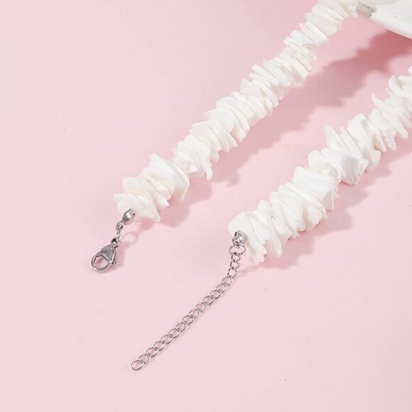 White Puka Shell Necklace, Hawaiian Style Clam Chip Surfer Necklace - Picture 3 of 7